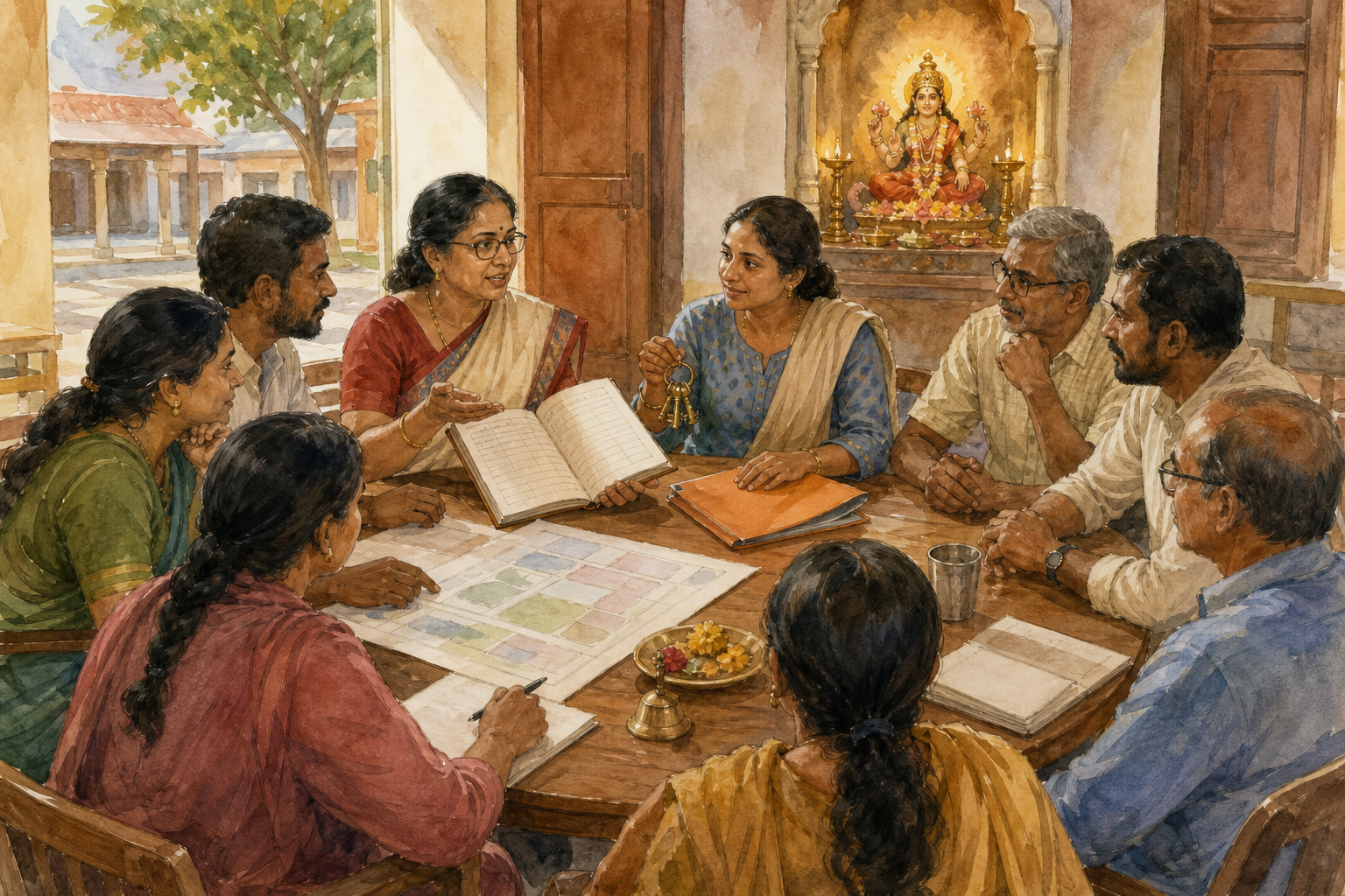 Women and men share a decision-making table in a temple community hall while two women hold the meeting ledger, keys, and financial folder.
