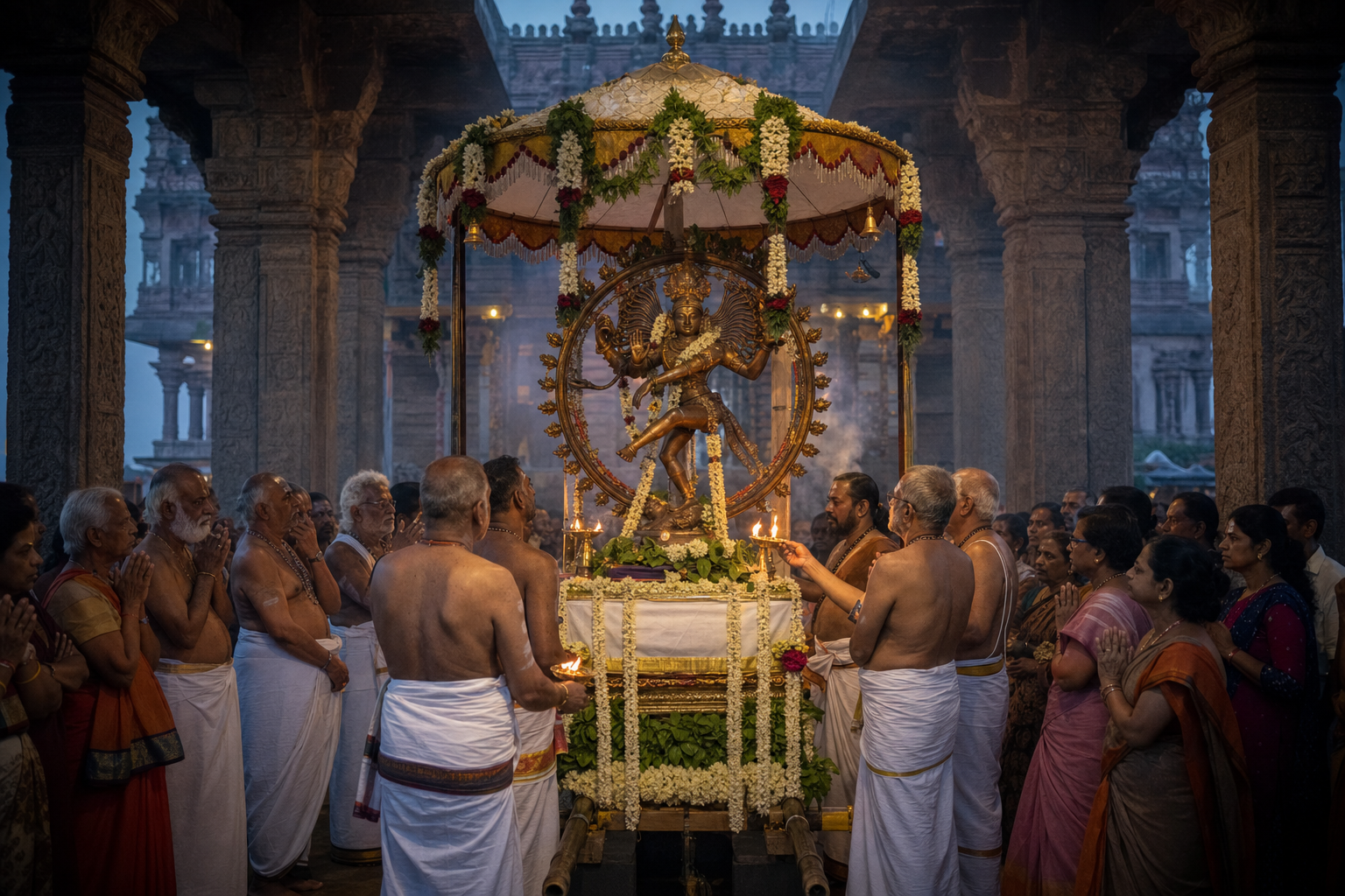 Devotees and priests gather around a flower-decorated bronze Nataraja image in a South Indian Shiva temple before sunrise.