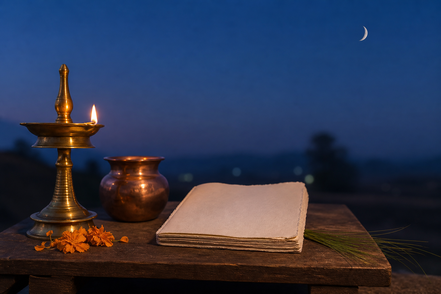 A glowing brass oil lamp, copper vessel, marigold petals and an unmarked almanac beneath a waning moon at winter twilight.