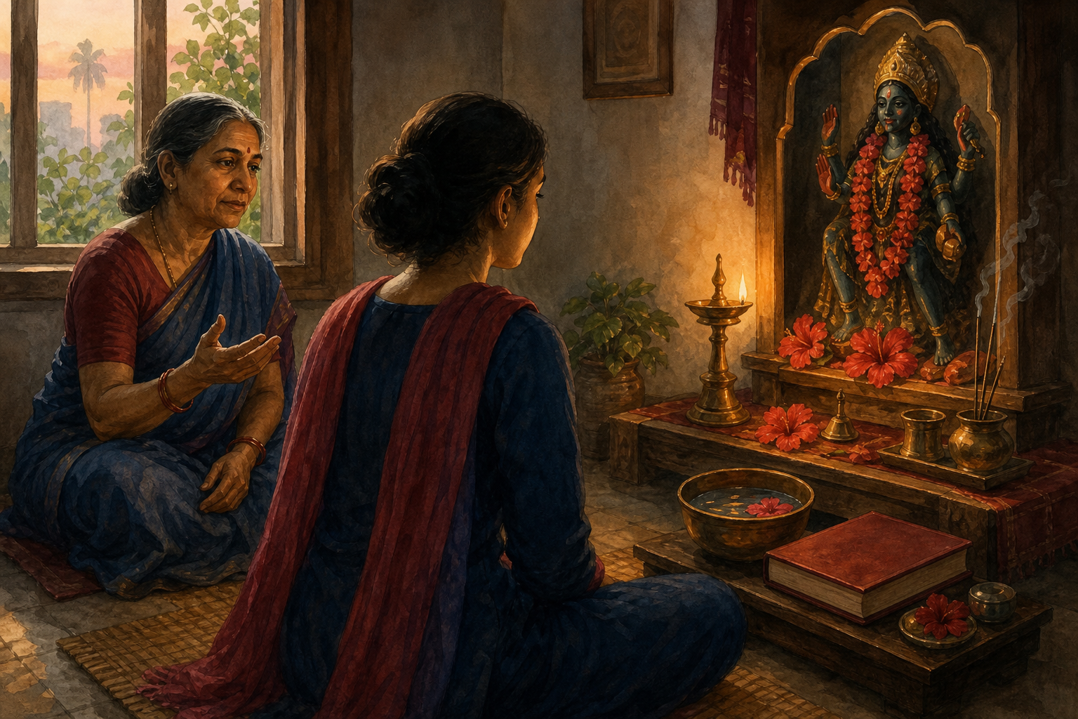 A practitioner listens to an older woman teacher beside a small dawn-lit Kali shrine with an oil lamp, red hibiscus flowers, water, incense, and a closed book.