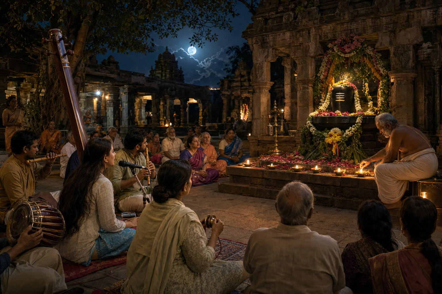 A vocalist and traditional musicians sit facing a decorated Shiva lingam as devotees sing and meditate by rows of oil lamps.