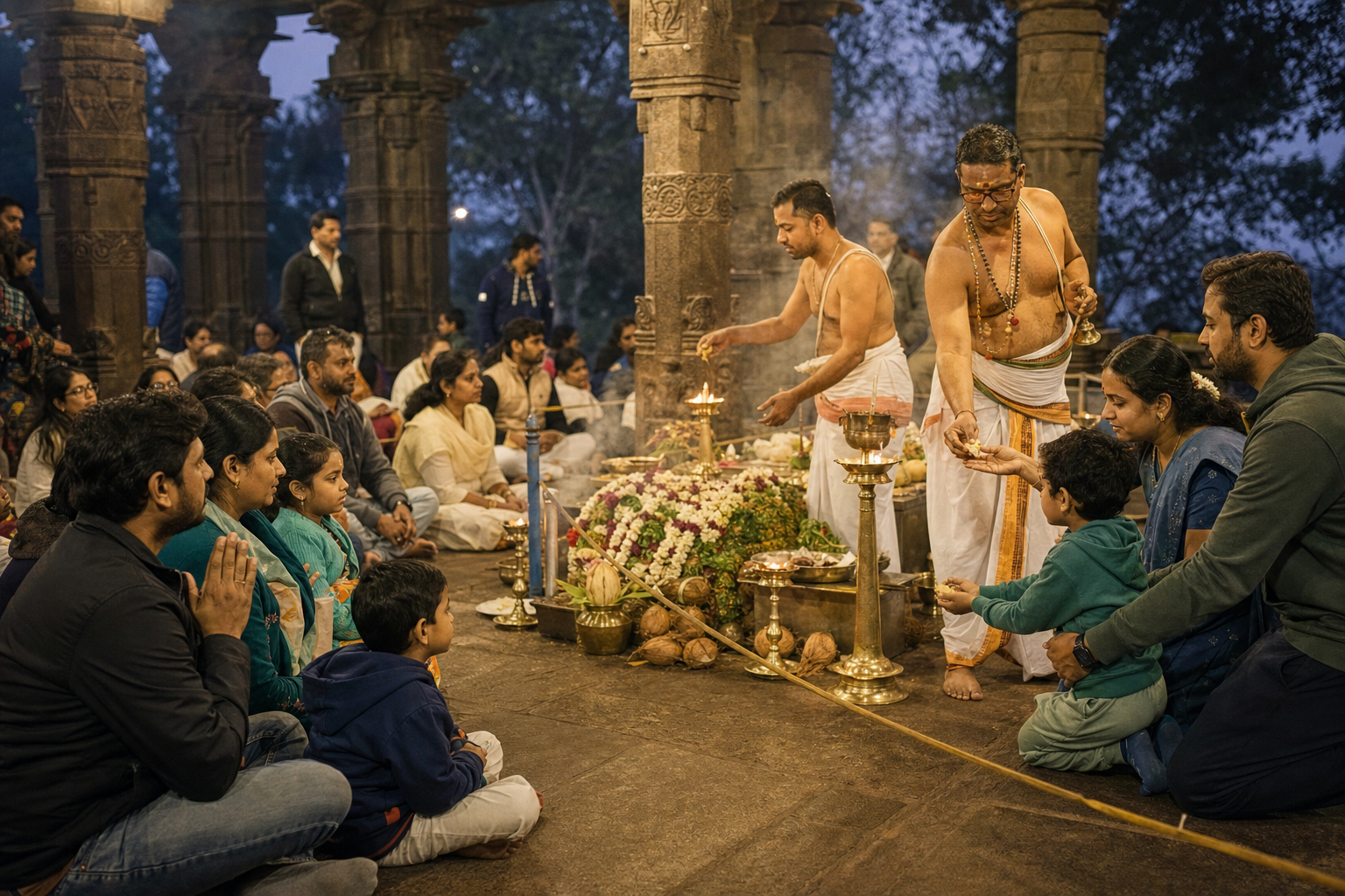 Devotees pray and receive prasadam while priests conduct a lamp-lit public ritual in an open temple mandapam.