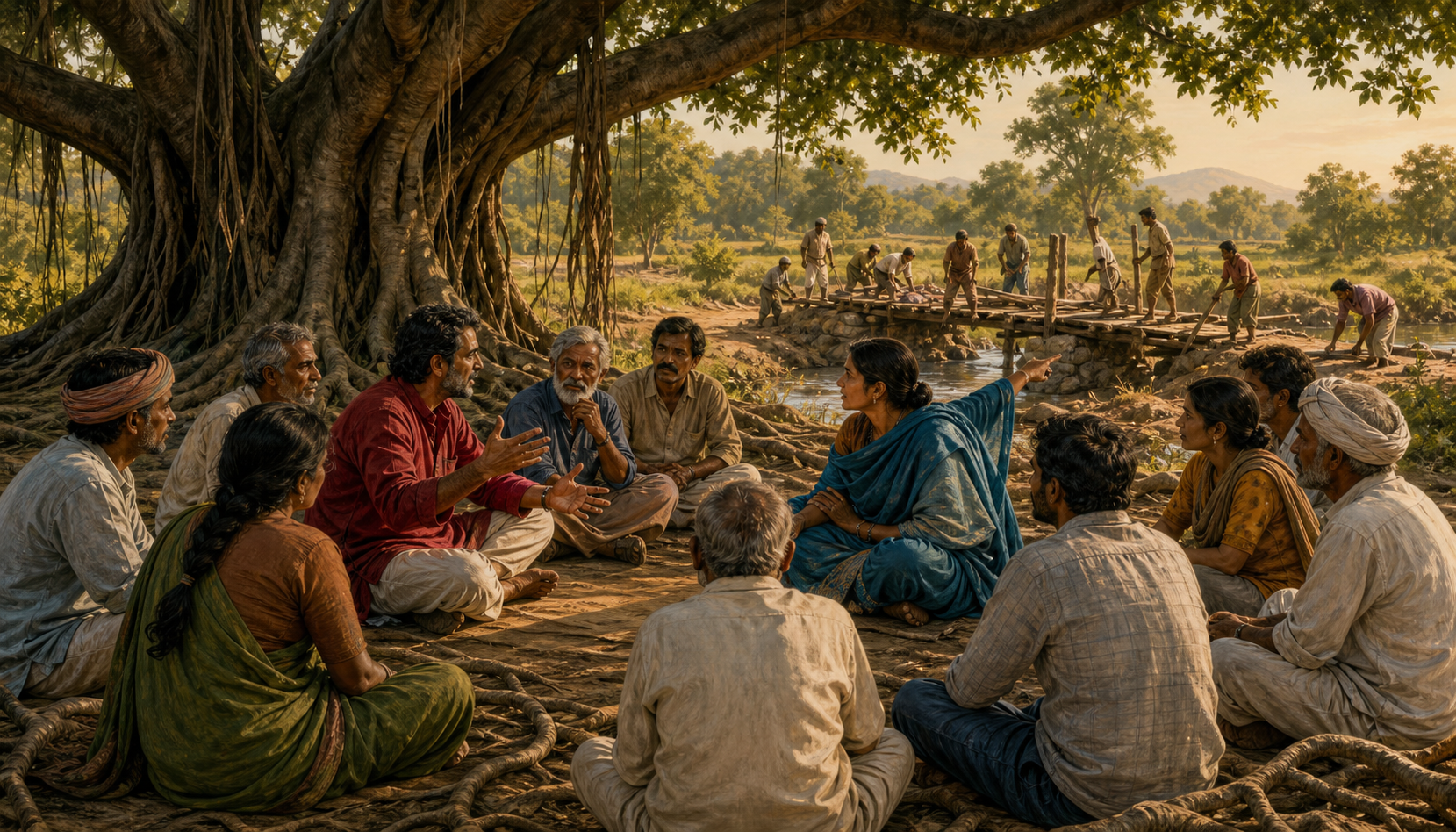 A diverse group discusses an issue beneath a large tree while community members repair a footbridge together nearby.