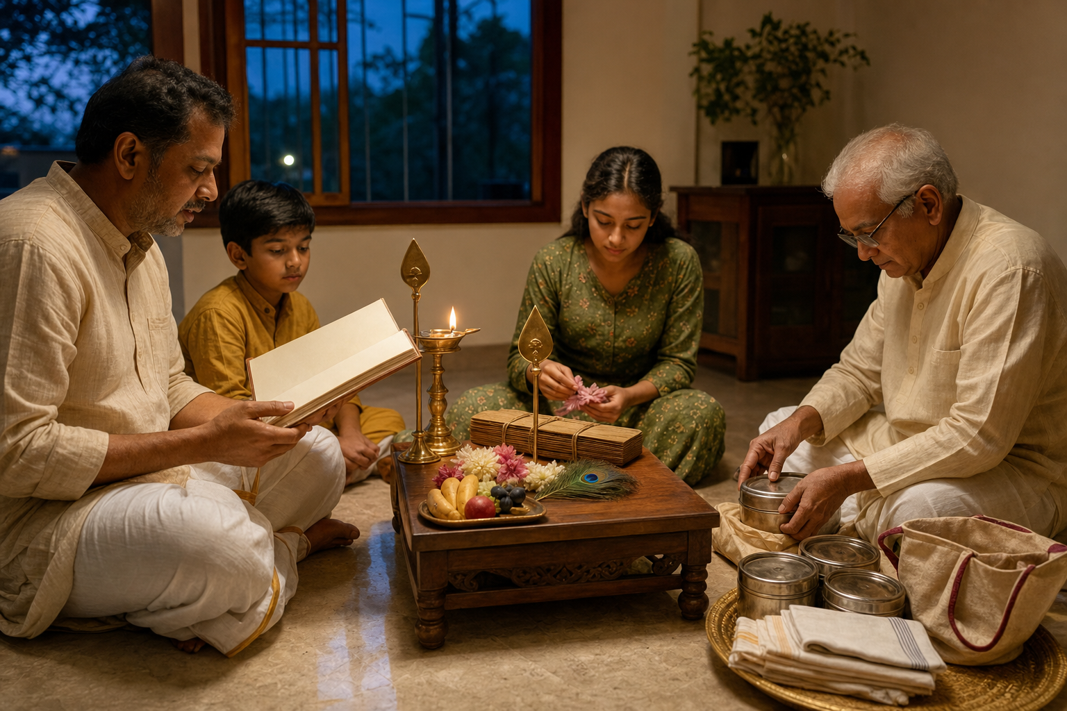 A family gathers around a home shrine with an oil lamp, flowers, a ceremonial spear emblem, an open book, and food and cloth prepared for giving.