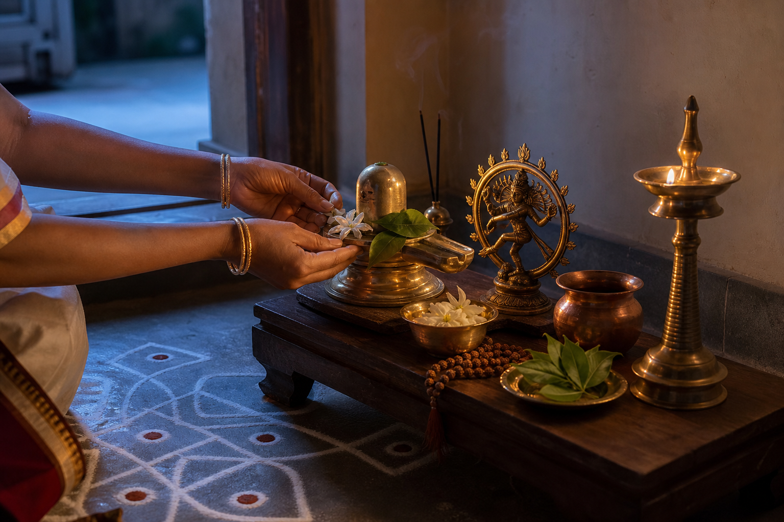 A home Thiruvathirai altar with a Shiva lingam, small Nataraja figure, oil lamp, flowers, bilva leaves, copper vessel, and rice-flour kolam.