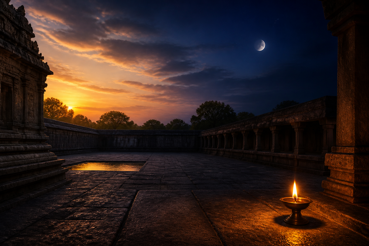 A temple courtyard shifts from late afternoon into night as a waning moon rises and an oil lamp begins to glow.
