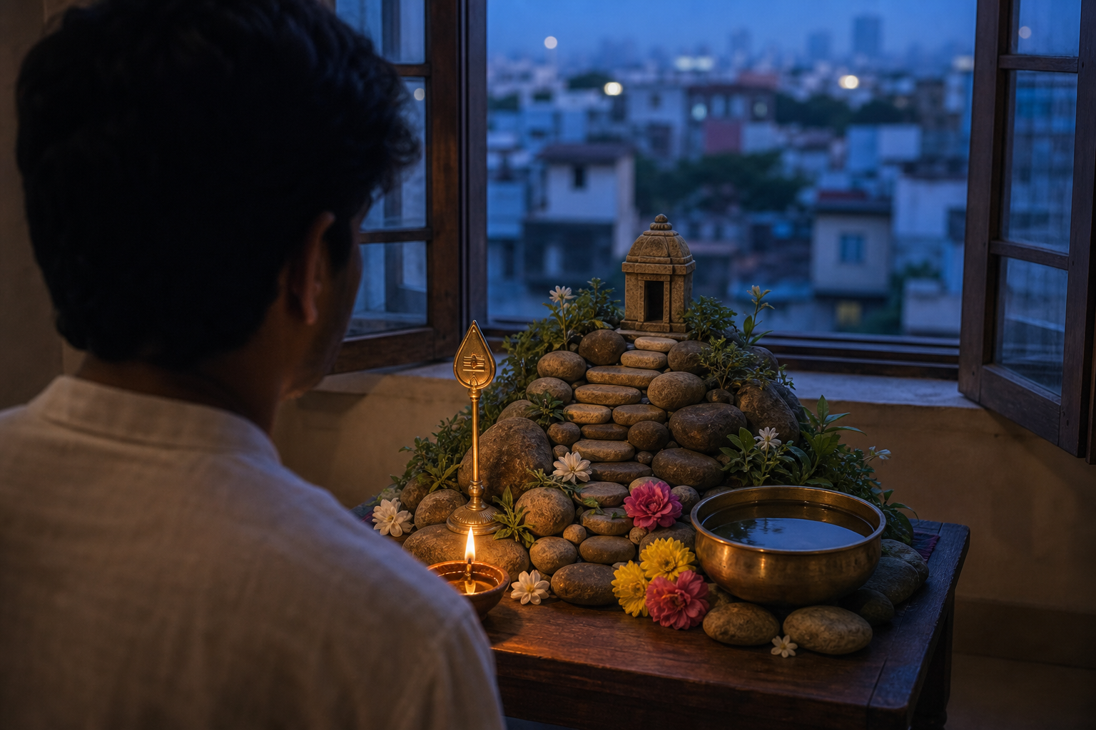 A devotee in an urban home meditates before a tabletop arrangement of stones, water, flowers, a small shrine model, and a ceremonial spear emblem.