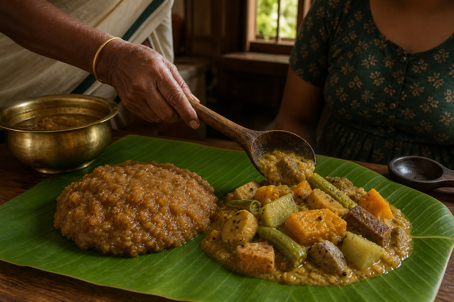 Thiruvathirai kali and seven-vegetable kootu are served on a banana leaf as an older family member shares the meal with a younger person.