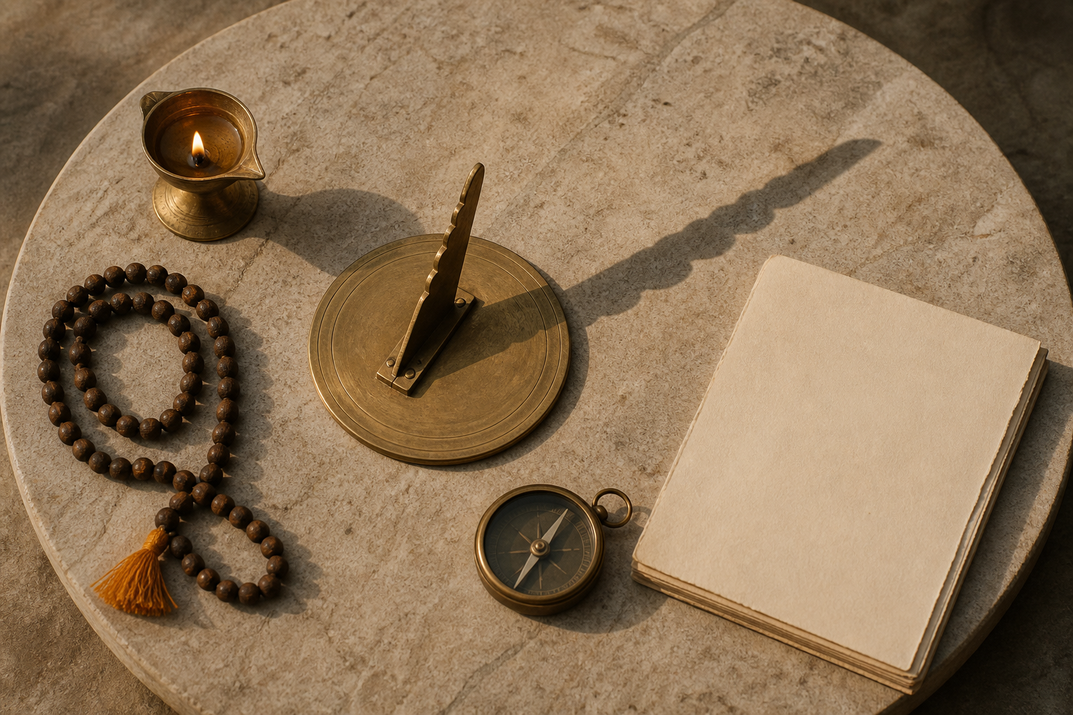 A brass sundial, compass, prayer beads, oil lamp and unmarked almanac arranged in angled morning sunlight.