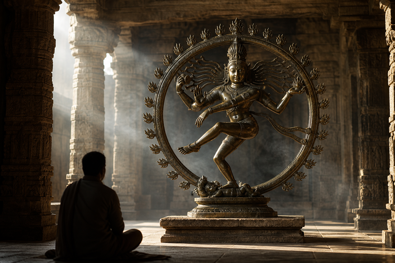 A seated devotee contemplates a bronze Nataraja image illuminated by morning light inside a carved stone temple hall.