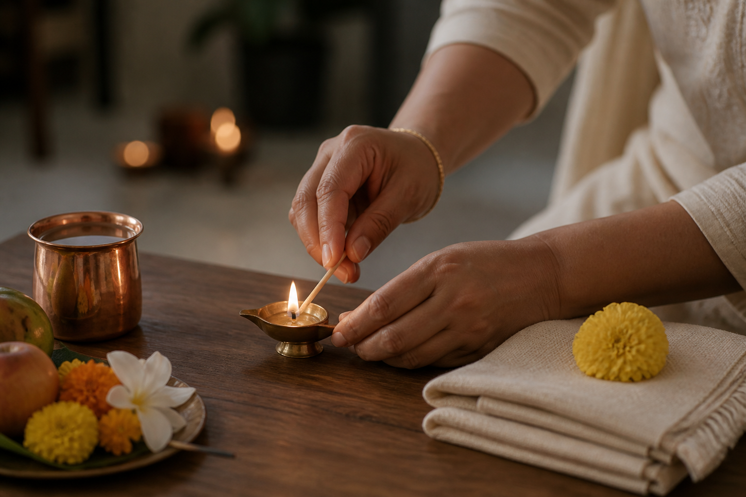 Adult hands light a small brass oil lamp beside water, flowers and fruit on a simple home prayer surface.