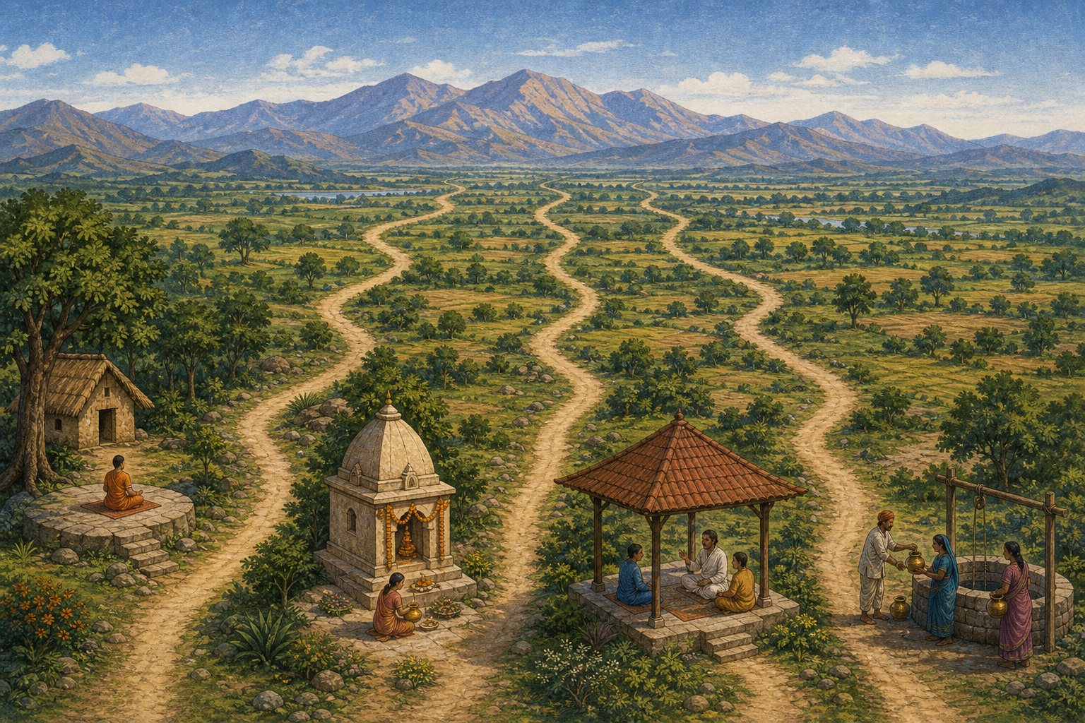 Four separate paths begin at a forest meditation seat, a devotional shrine, a teaching pavilion, and a village service scene beneath one mountain horizon.