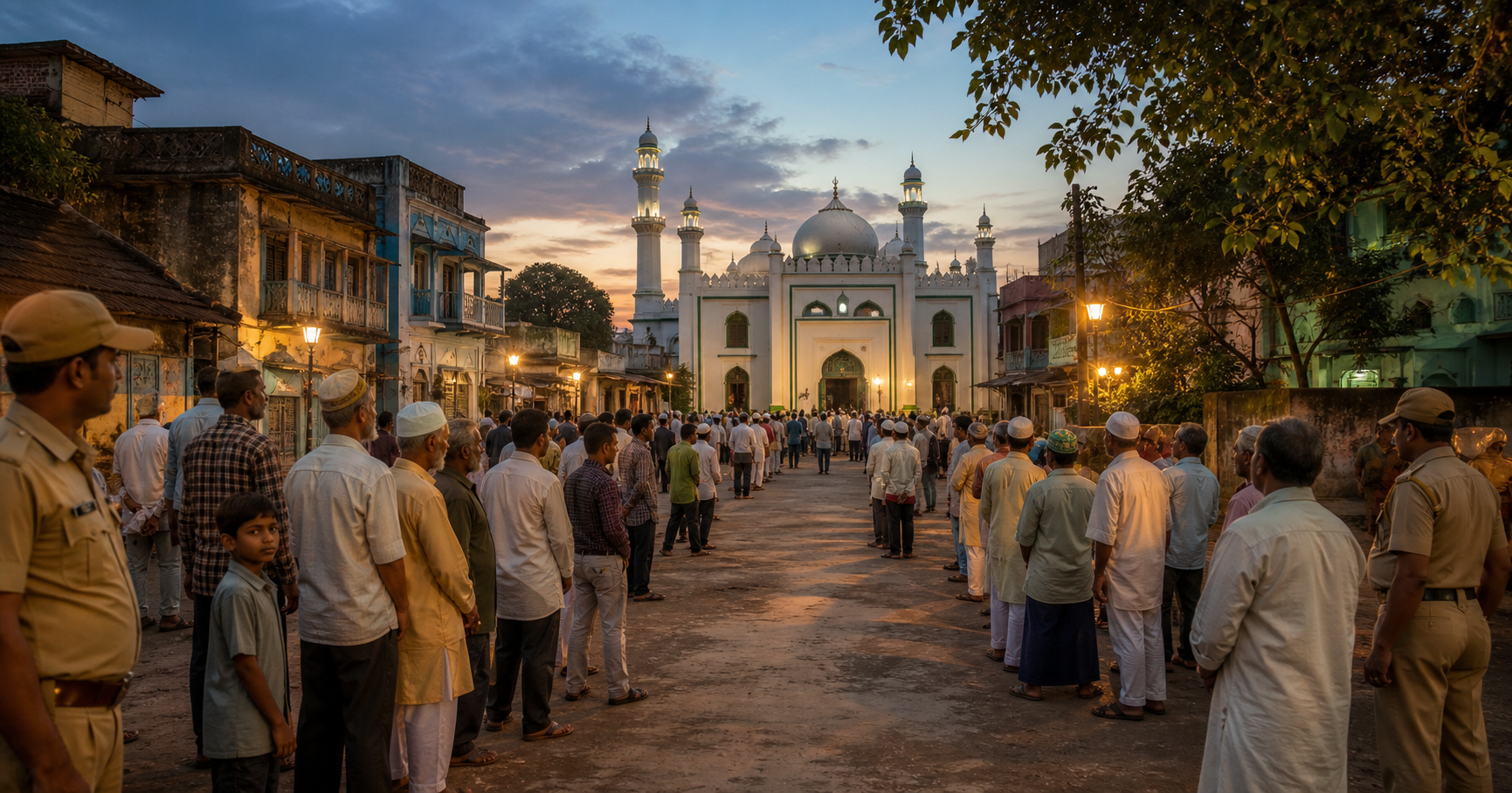 Residents gather peacefully near a mosque in a Bengali town while security personnel monitor the area from the edges at dusk.