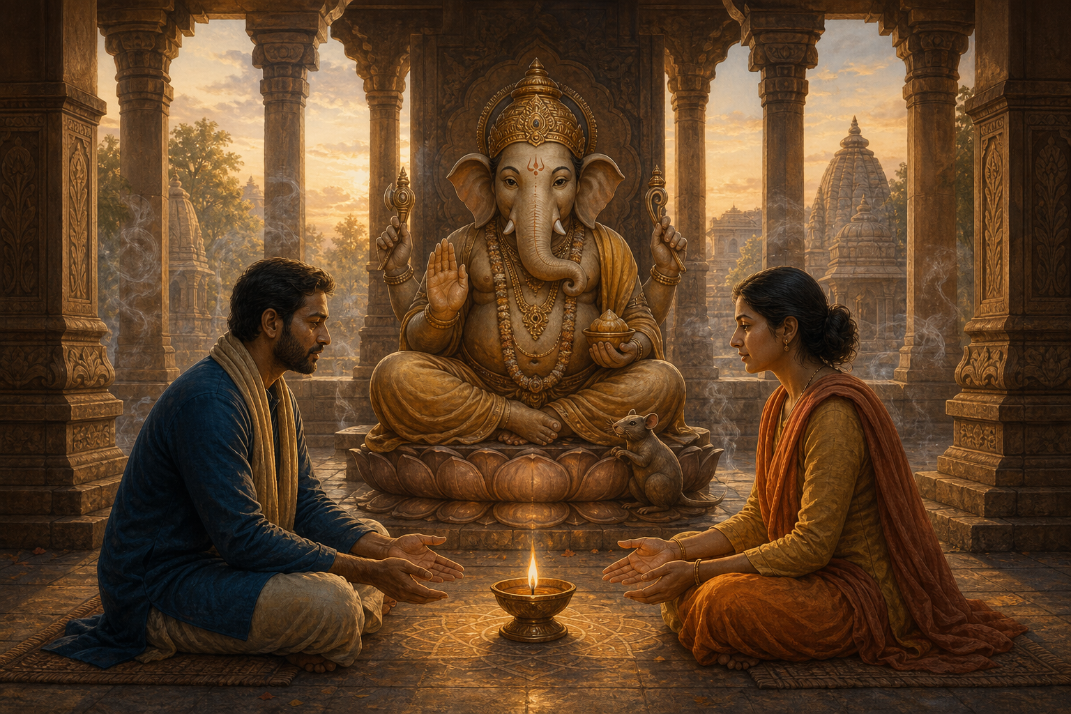 Ganesha sits above two people facing each other across a glowing oil lamp, with a small mouse resting near the deity's feet in a temple courtyard.