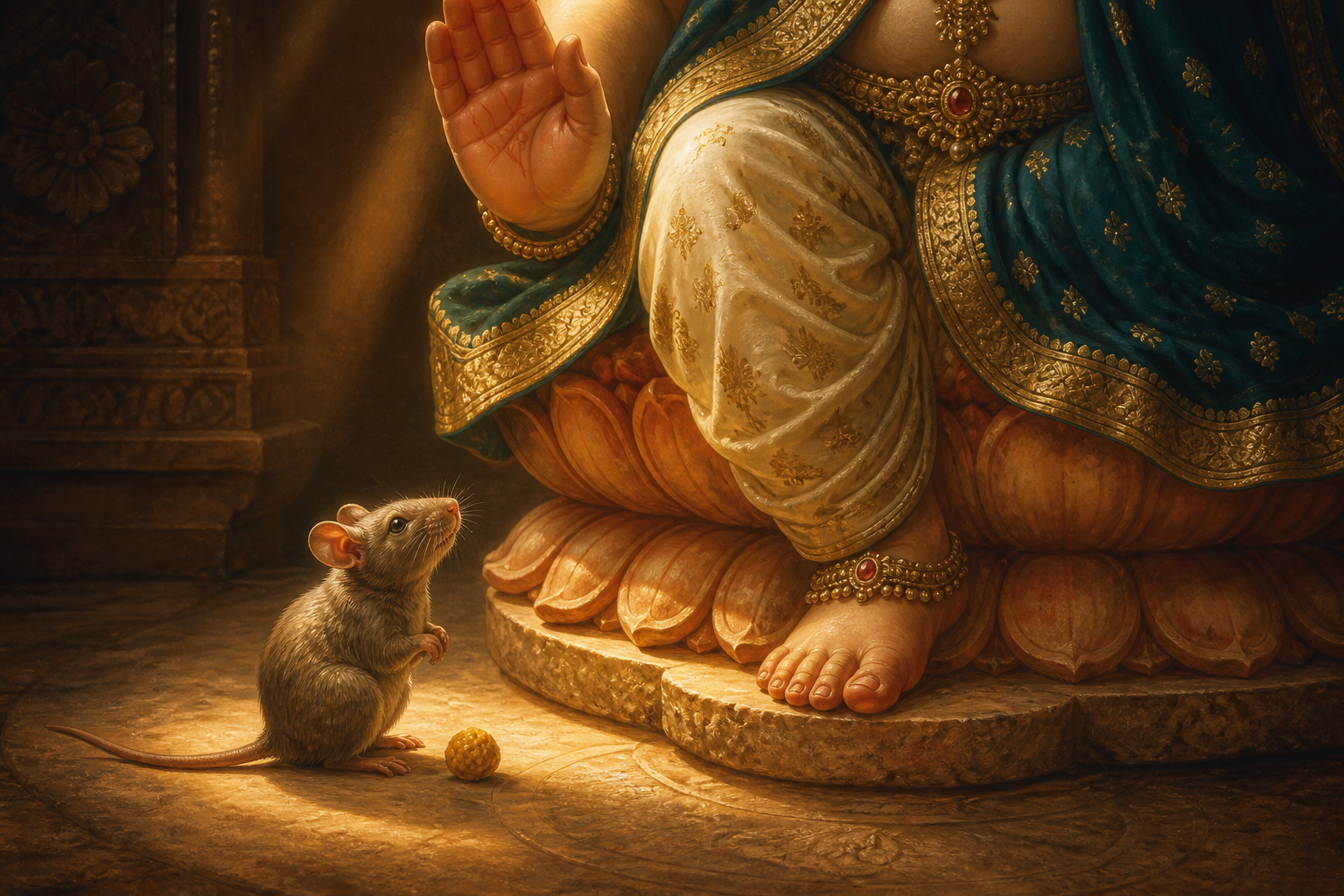 A small mouse sits attentively beside an untouched sweet at the feet of a seated Ganesha figure on a lotus pedestal.