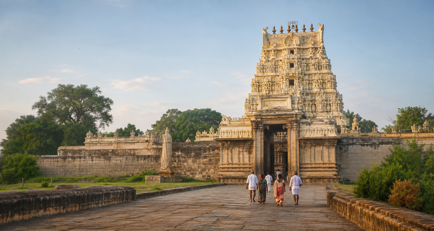 Sri Ranganathaswamy Temple gateway and enclosure at Srirangapatna with pilgrims approaching in early morning light.