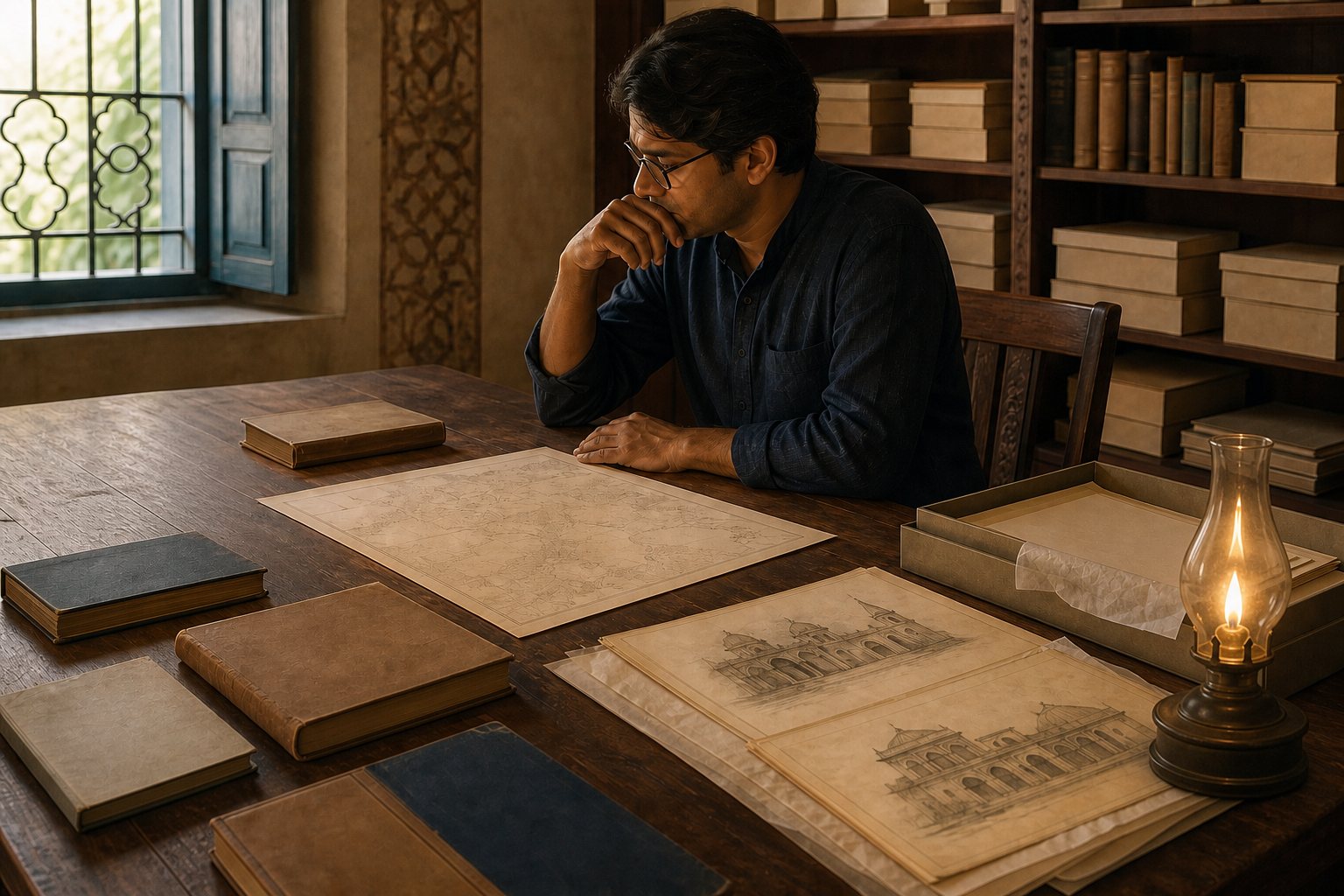A researcher calmly examines old books, an unlabelled map, and architectural sketches in a softly lit archive.