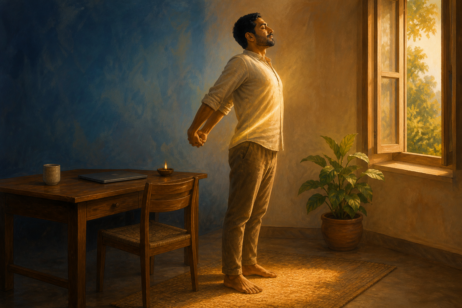 A desk worker stands to stretch beside a chair and closed laptop as warm light enters a calm home study.