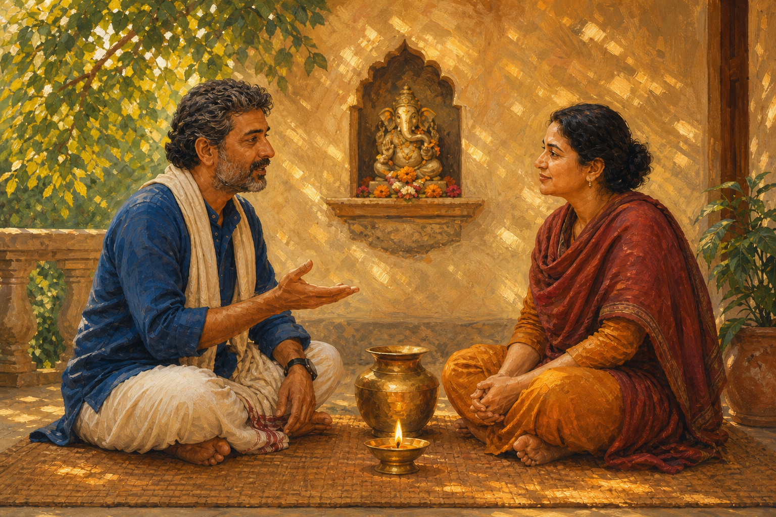 Two adults sit on the same mat and speak calmly beside an oil lamp, with a small Ganesha shrine in a wall niche behind them.