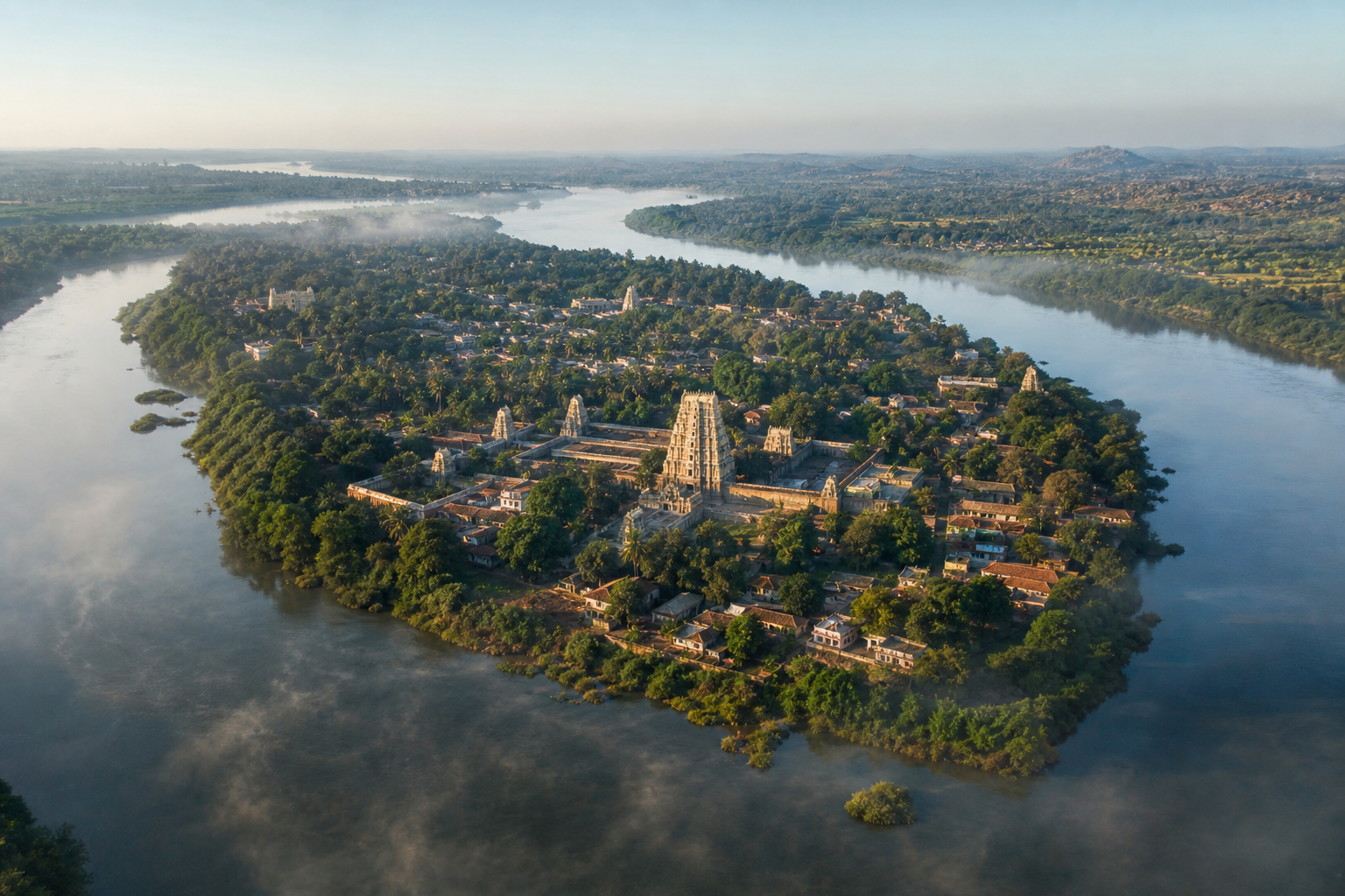Elevated view of the Cauvery flowing around the green island of Srirangapatna, with the temple complex among the settlement.