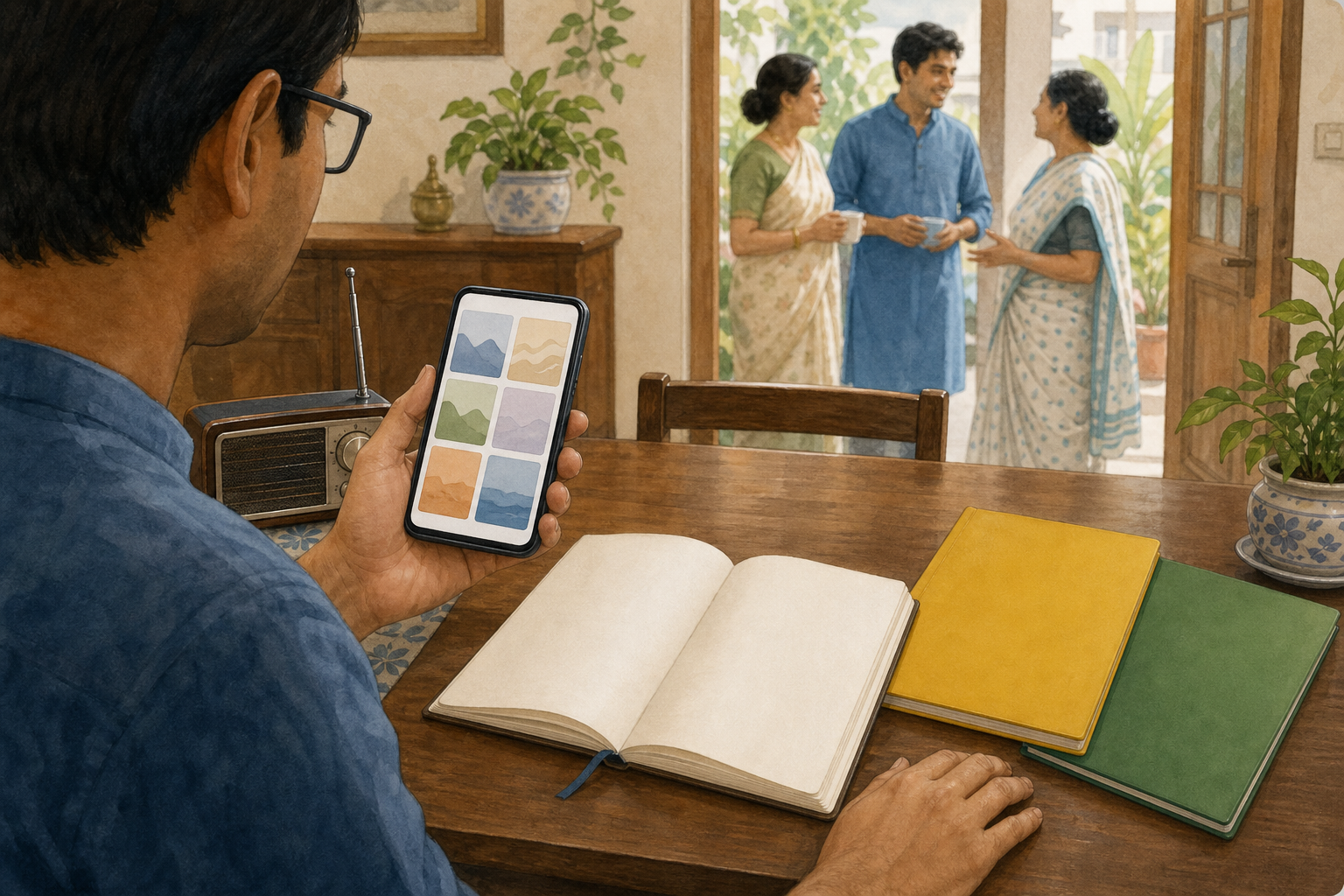 A person pauses over a smartphone while comparing information with a notebook, radio, and multiple source folders at home.