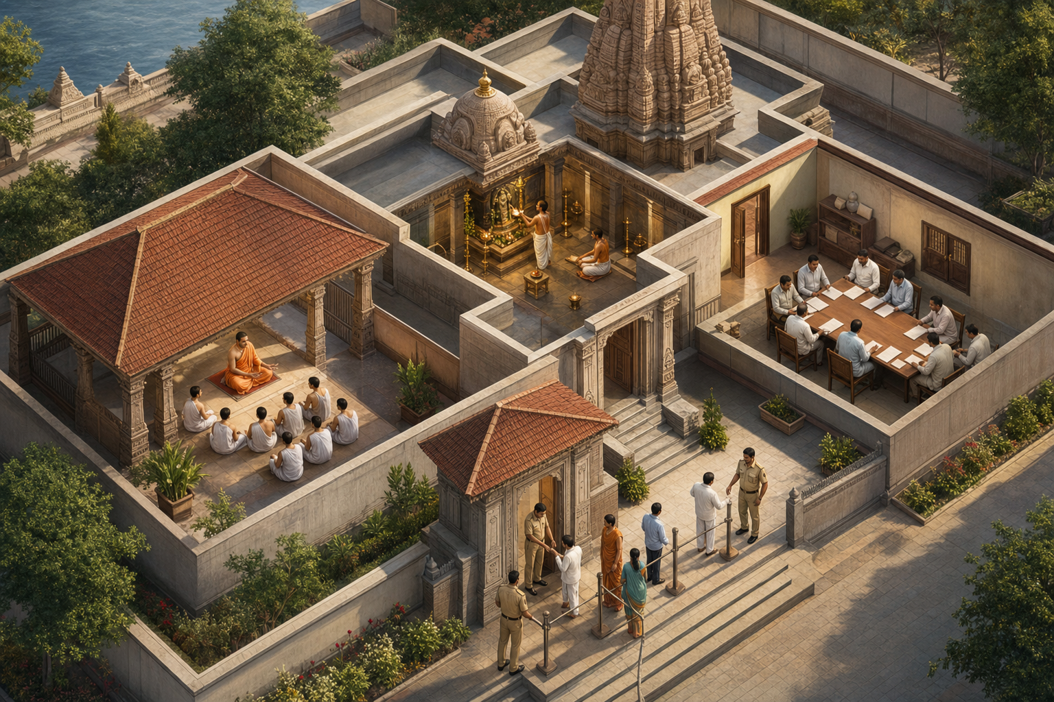 Monks, temple administrators, and security personnel work in separate areas divided by the thresholds of a temple complex.