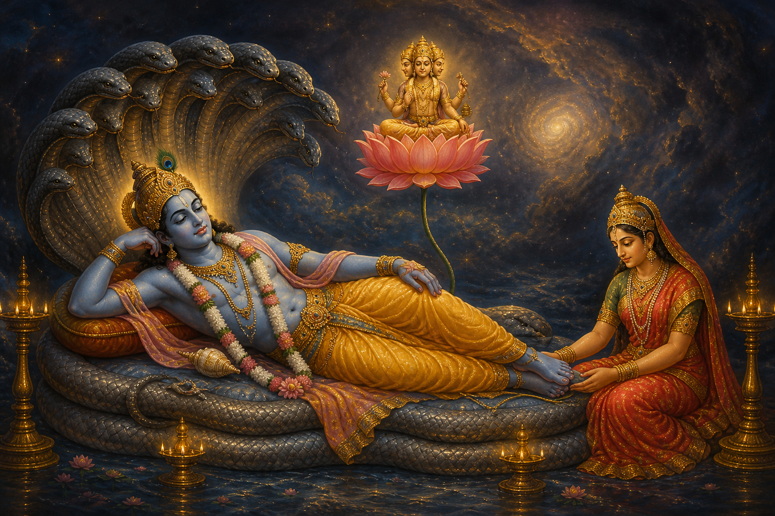 Interpretive devotional scene of reclining Vishnu on the serpent Ananta, with Lakshmi near his feet and Brahma on a lotus.