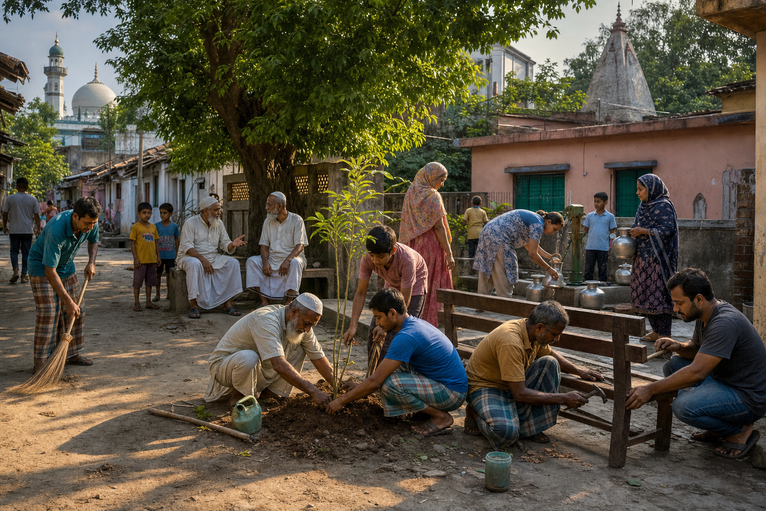 Hindu and Muslim neighbours plant a tree, repair a bench, and clean a shared courtyard in a Bengali neighbourhood.