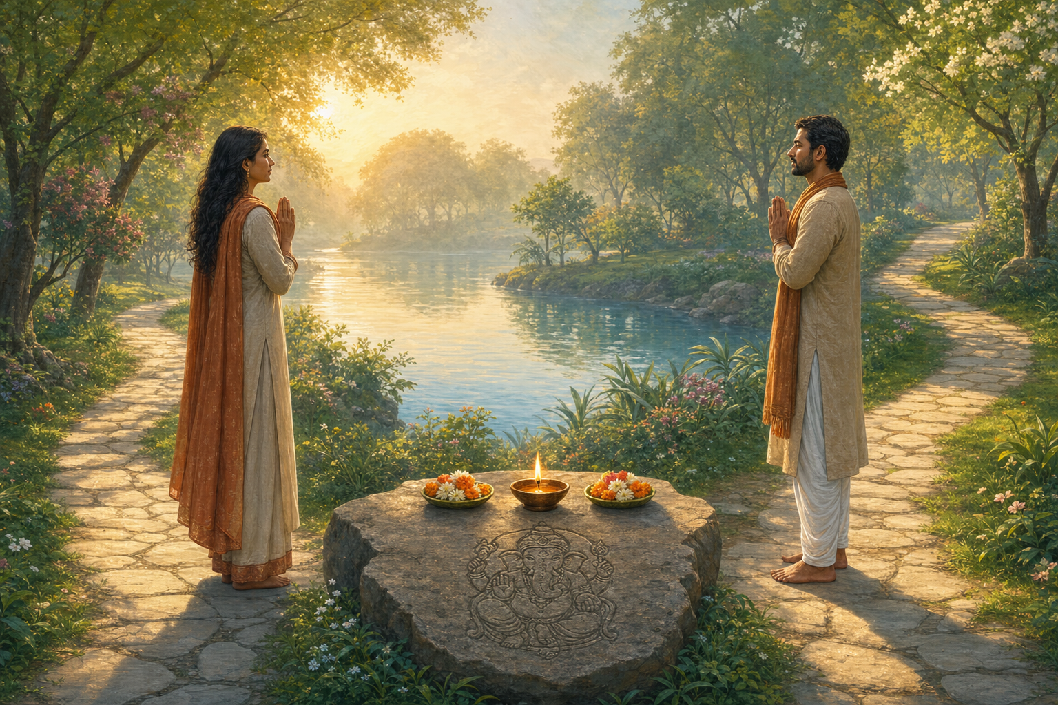 Two people acknowledge each other beside shared flowers and an oil lamp before turning toward separate sunlit garden paths.