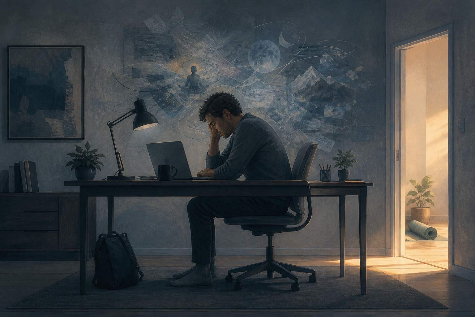 A person sits slumped at a desk in cool light while faint motion-like forms around the head suggest a busy mind.