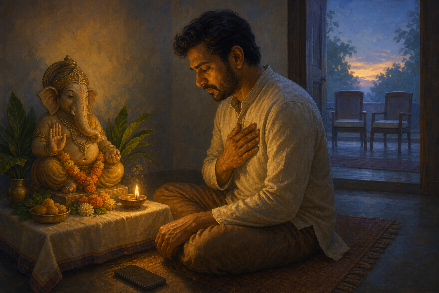 A person sits calmly before a flower-adorned Ganesha altar, with a face-down phone nearby and two empty chairs visible through a doorway.