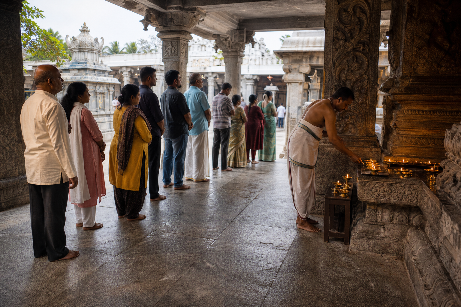 Modestly dressed worshippers waiting quietly near carved stone pillars and brass lamps in a temple hall.