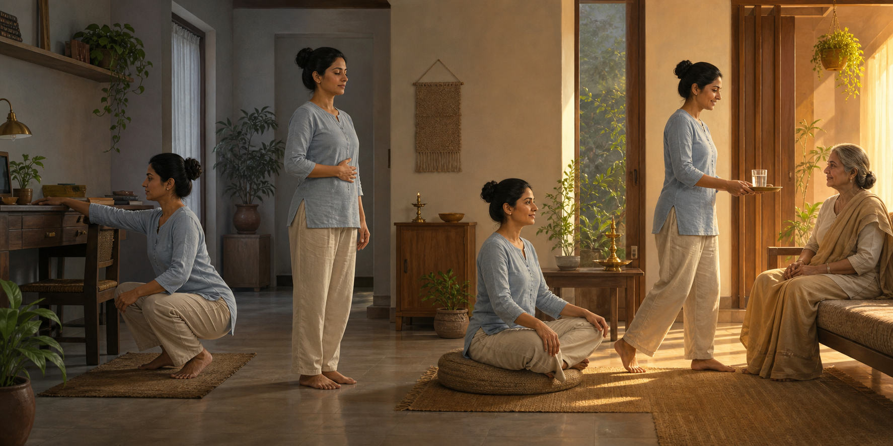 One person moves through stretching, calm breathing, seated attention, and an act of care in a continuous room scene.