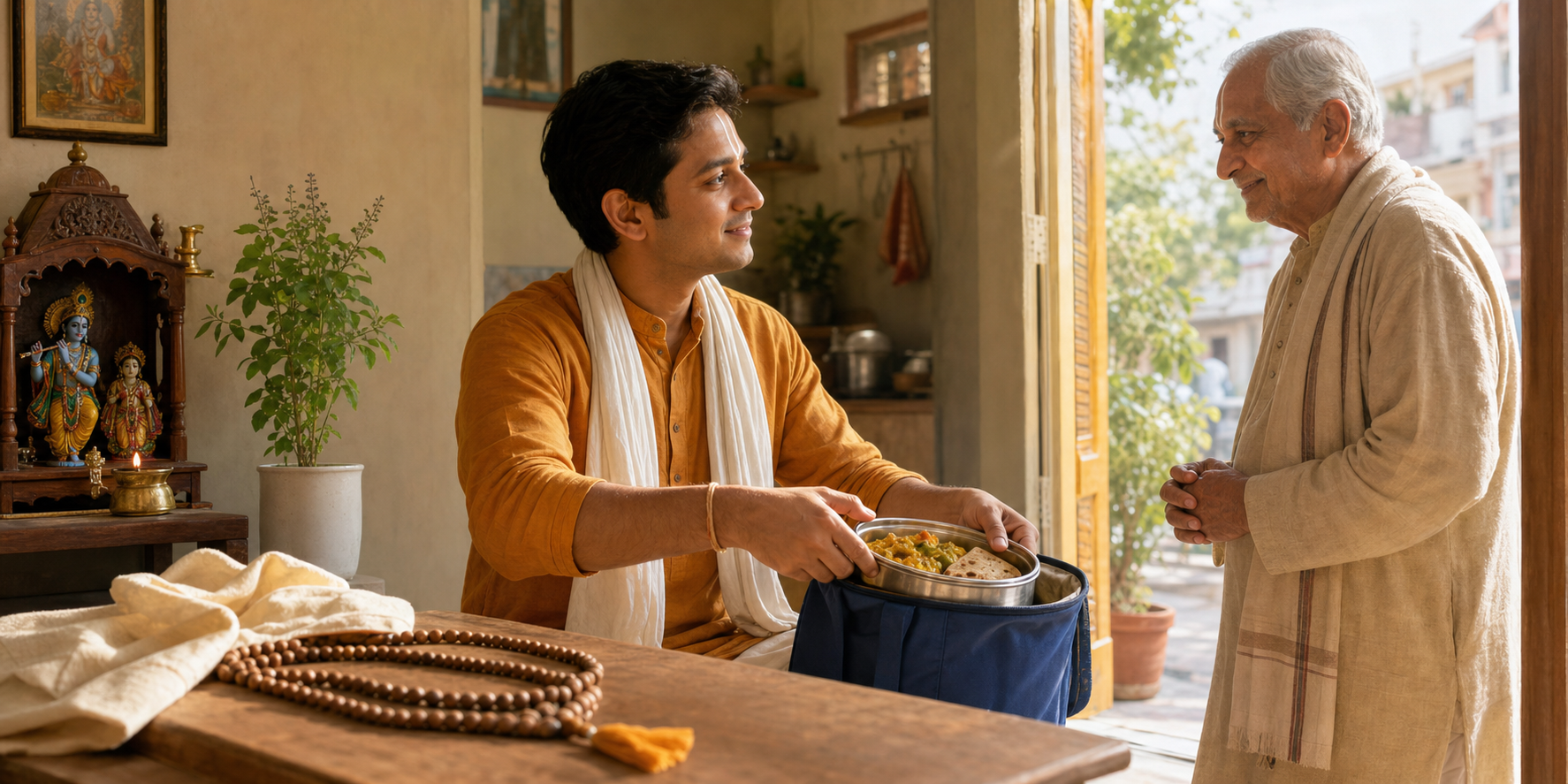 A Vaishnava practitioner packs a prepared meal for an elderly neighbor after chanting beside a home shrine.