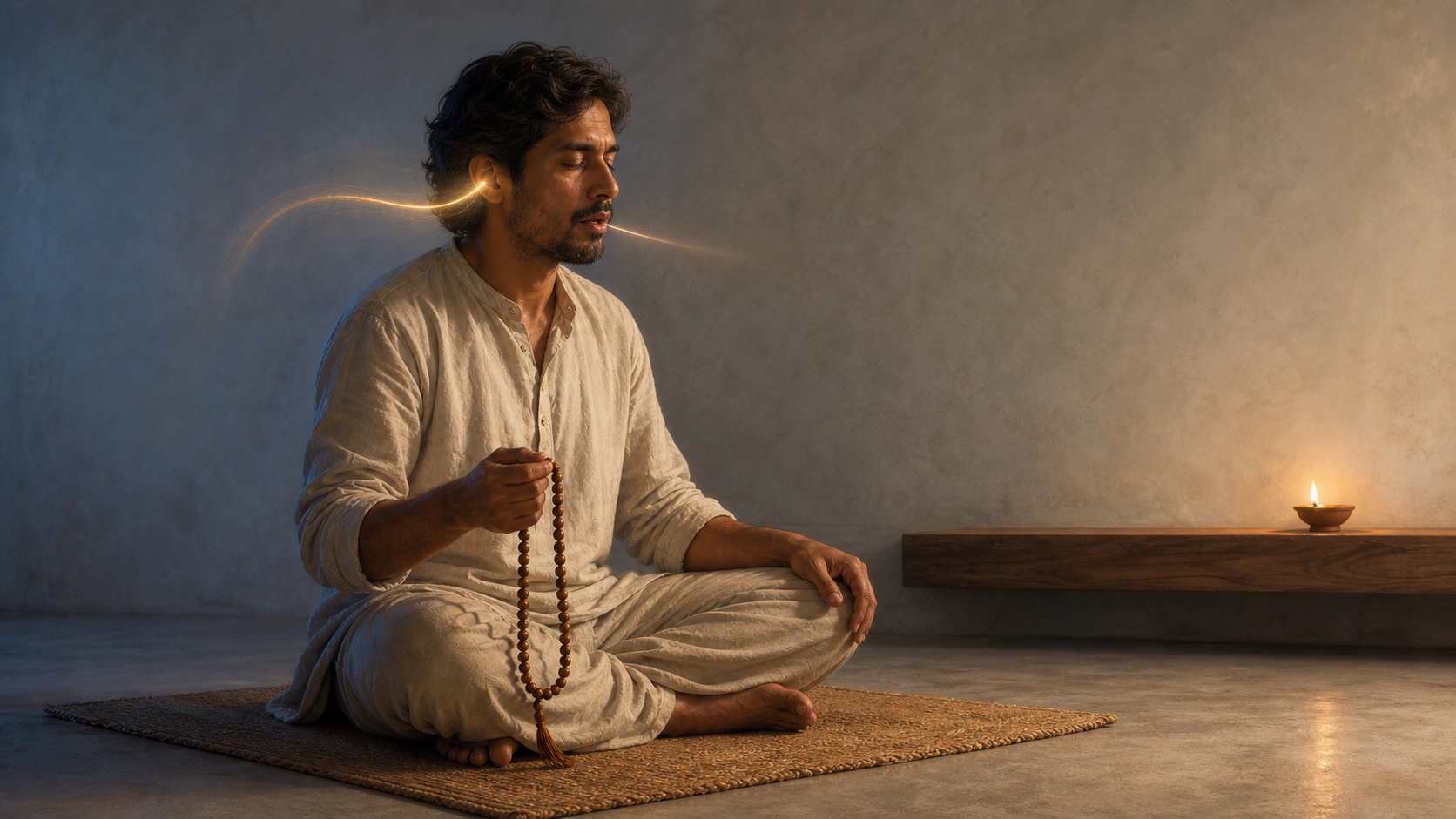 A seated practitioner holds a wooden mala and chants softly as a curved ribbon of warm light extends from the mouth toward the ear.