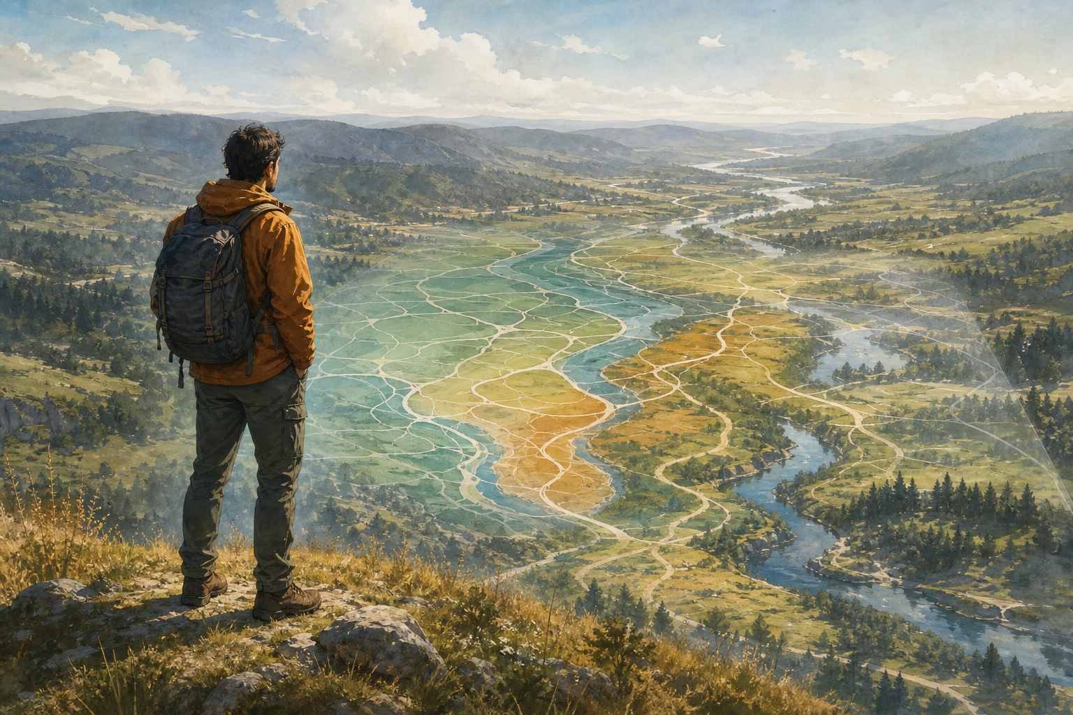 A traveler compares a translucent map of abstract lines with the larger open landscape in front of them.
