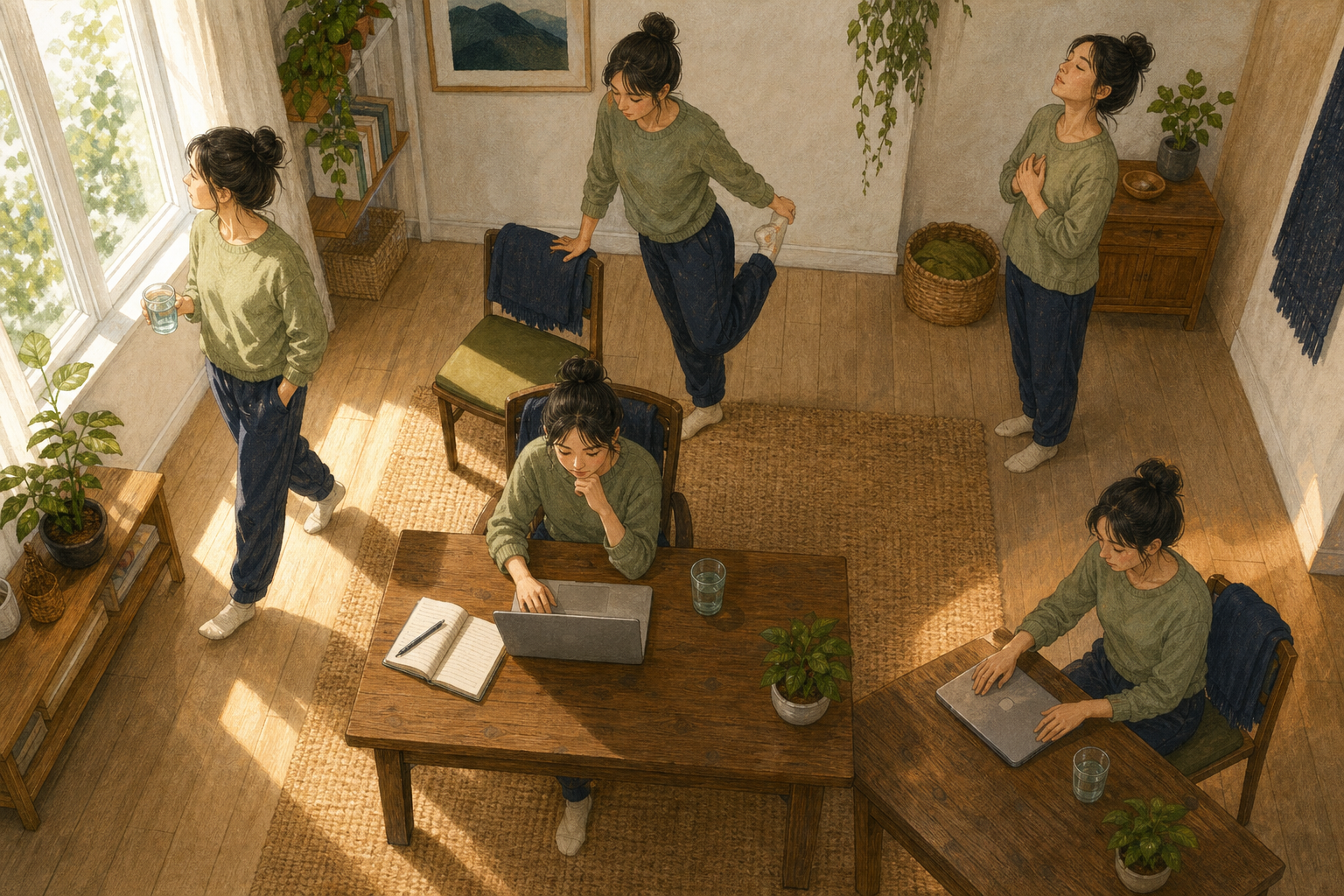 An overhead view of a home workspace shows the same worker taking brief walking, stretching, breathing, and attention breaks around a desk.