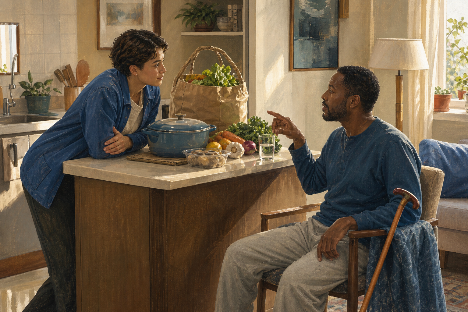 A visitor delivers groceries and a cooked meal while listening to a recovering neighbor in their kitchen.