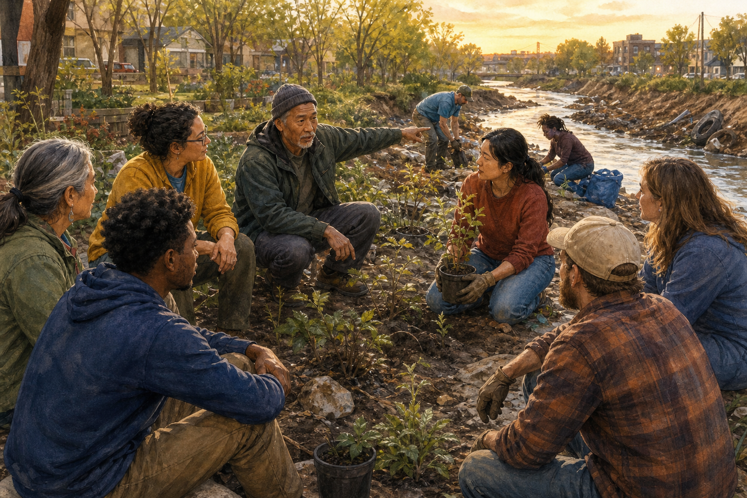 Adults in varied clothing sit in a circle beside a riverbank while discussing the area and planting greenery together.