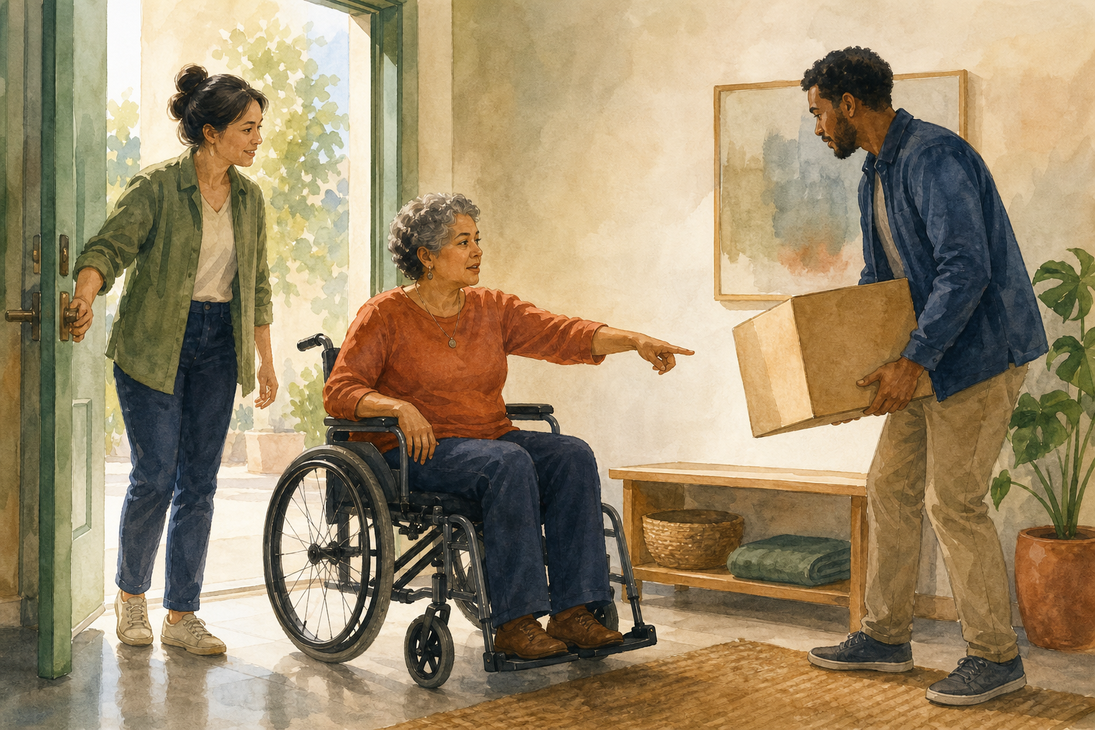 A wheelchair user directs two volunteers as they move a supply box in a community room.