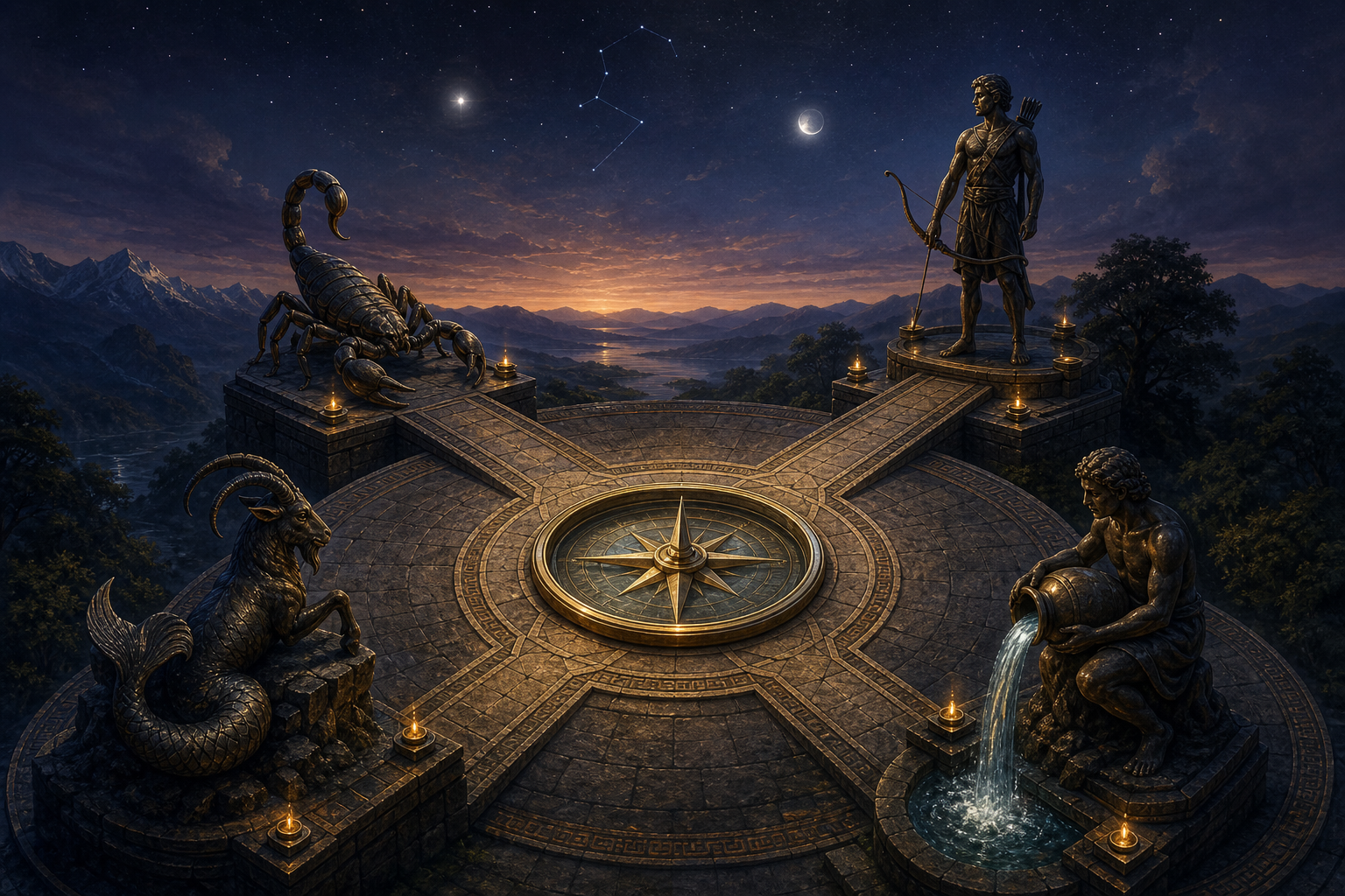 A brass compass stands at the center of four stone paths leading toward sculptures of a scorpion, an archer, a sea-goat and a water bearer beneath a starry twilight sky.