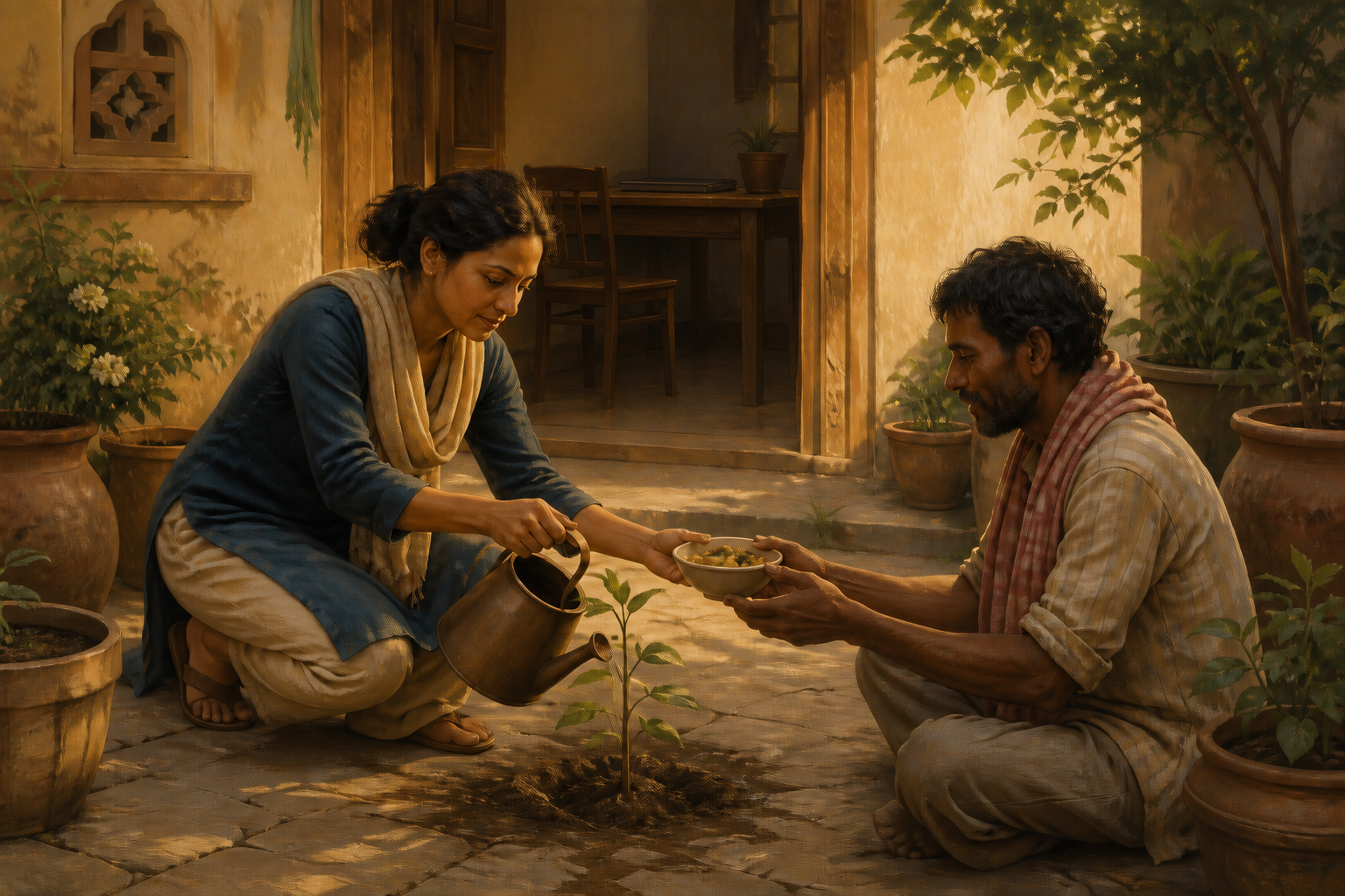 A person waters a young courtyard plant while sharing food with another person, with a closed laptop visible indoors.