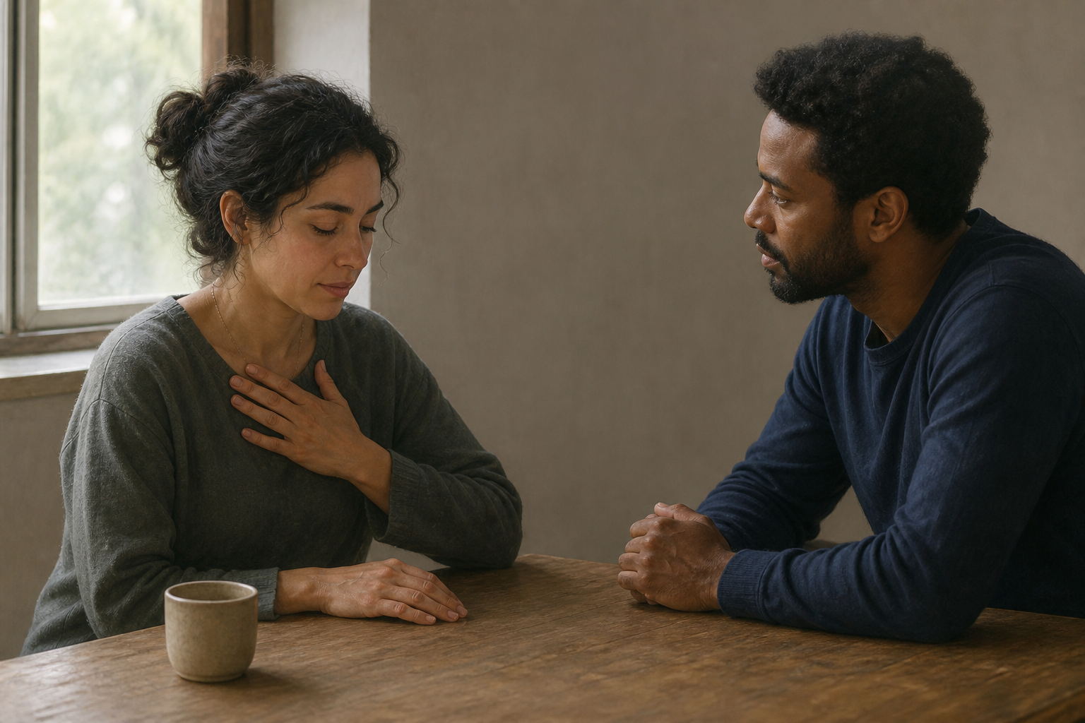 One adult pauses with a hand near the chest during a calm conversation with another person across a wooden table.