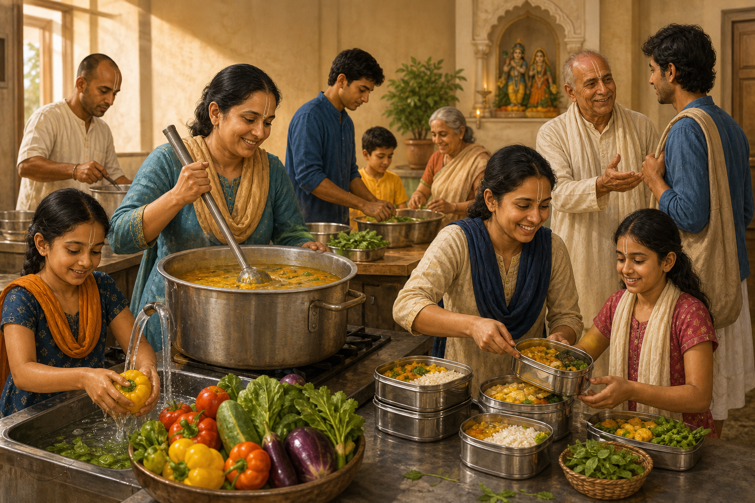 Children, adults, and elders prepare vegetarian meals together in a Vaishnava community kitchen.