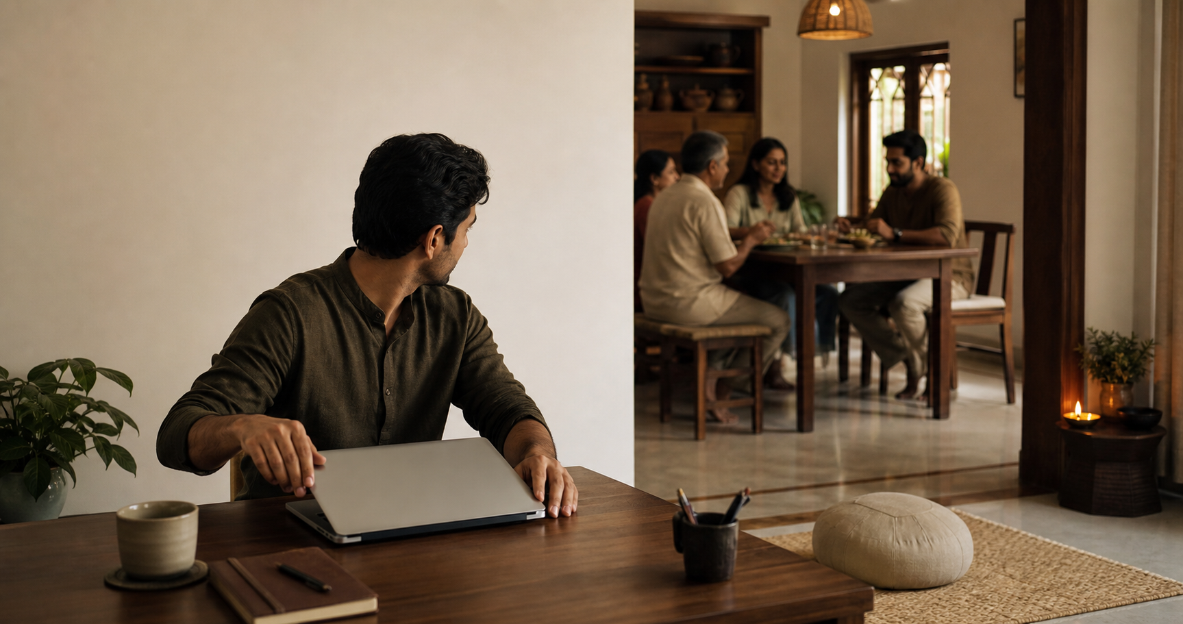 A South Asian professional closes a laptop at home beside a glowing diya while family members gather for an evening meal in the background.