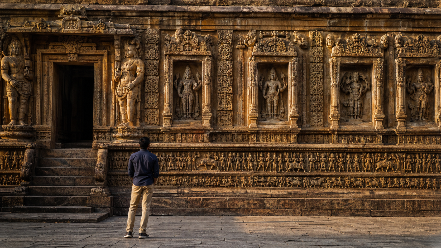 A visitor studies a carved Hindu temple wall with deity niches, guardians, dancers, animals, and ornamental bands in morning light.