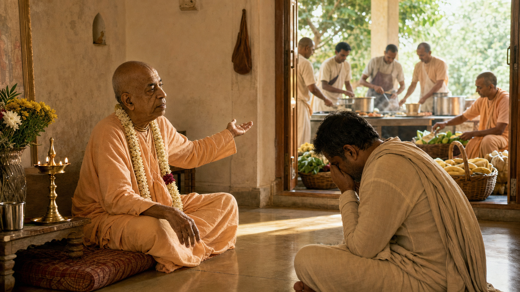 An elderly Vaishnava teacher listens to a grieving visitor while volunteers prepare meals and care baskets in a nearby community kitchen.