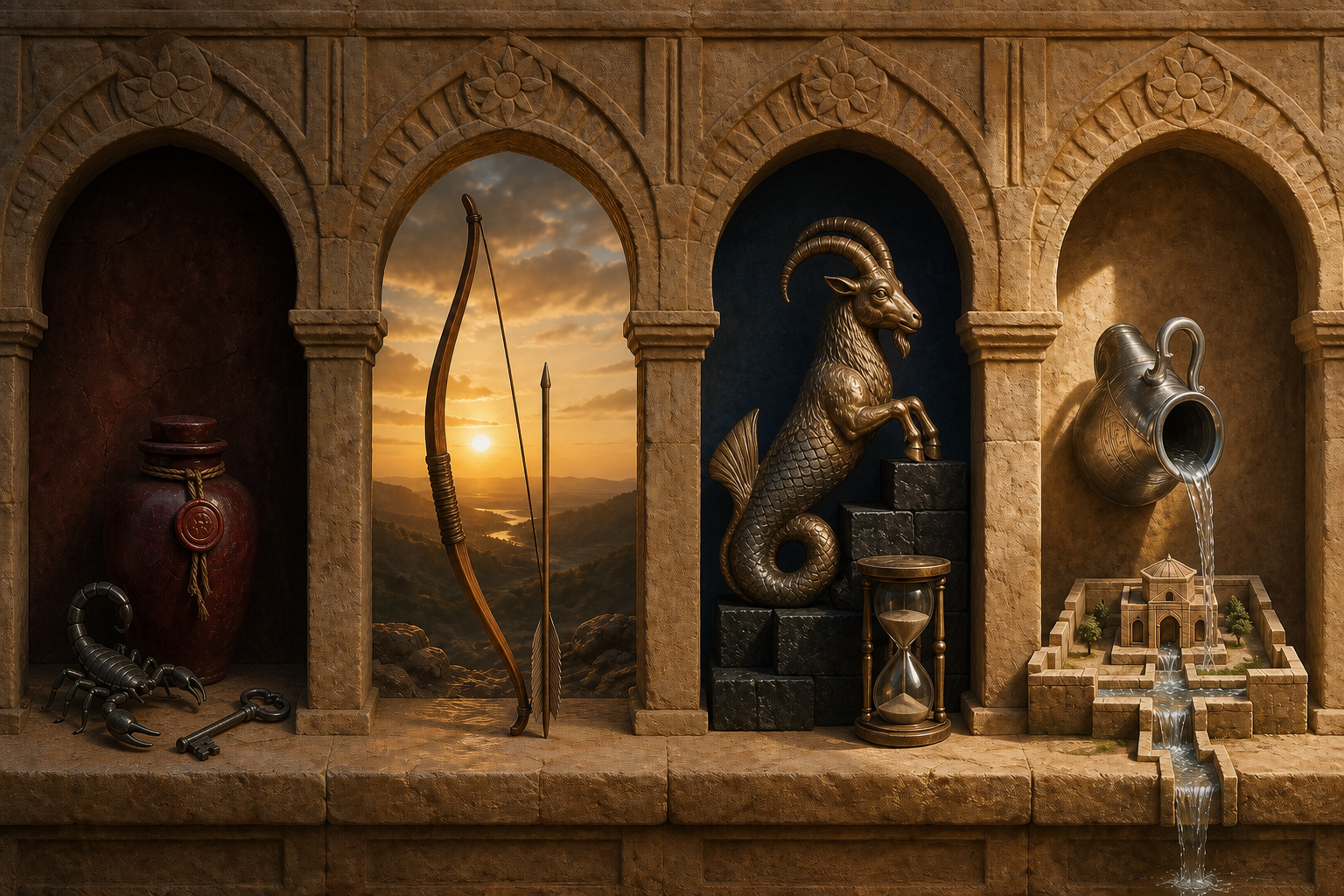 Four sandstone niches contain symbolic objects for a scorpion, an archer, a sea-goat and a water bearer, each lit as a separate still life.