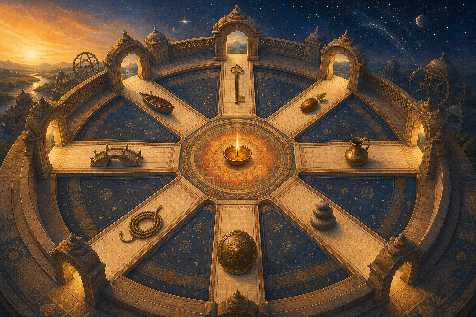 An illustrated circular observatory with eight paths leading from a central oil lamp to archways marked by symbolic objects.