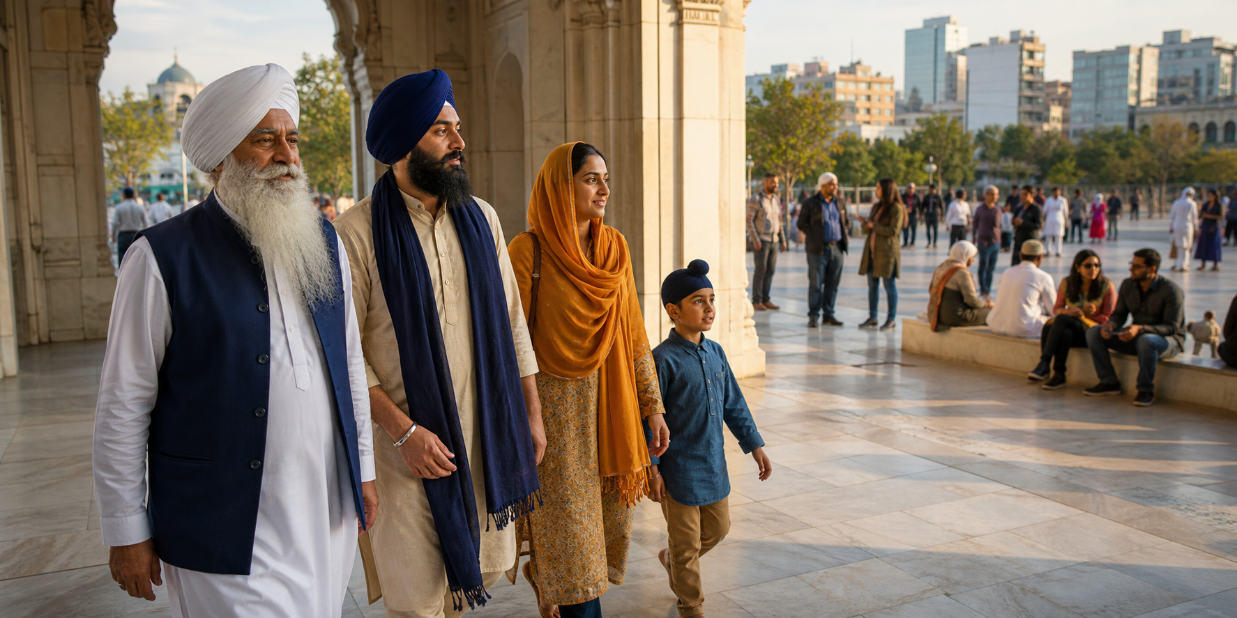 A multigenerational Sikh family in turbans and head coverings walks from a gurdwara courtyard toward a busy multicultural city square.